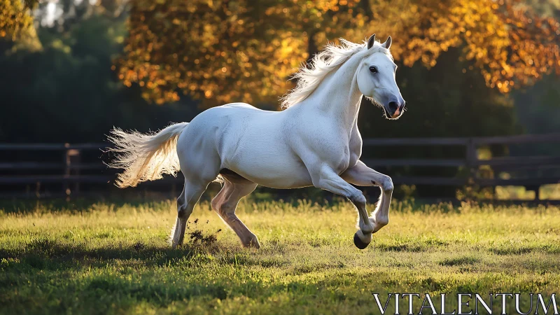 Sunlit white stallion sprinting through amber pasture dusk.