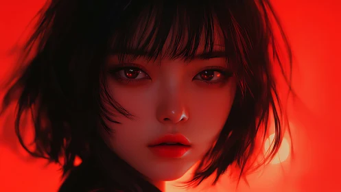 Red-lit anime girl stares forward with glossy intensity