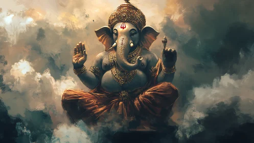 Digital painting of Ganesha seated in clouds with ornaments.