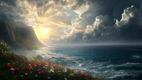 Coastal cliff meadow under dramatic sunset skies.