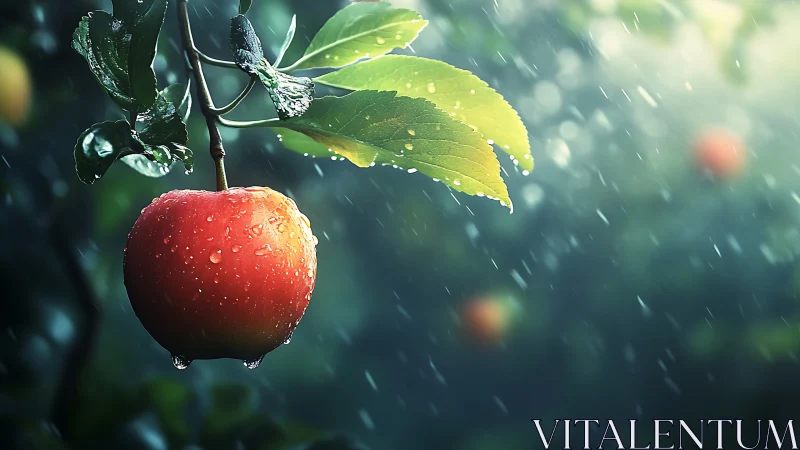 Hydrated apple macro under directional rainfall illumination.