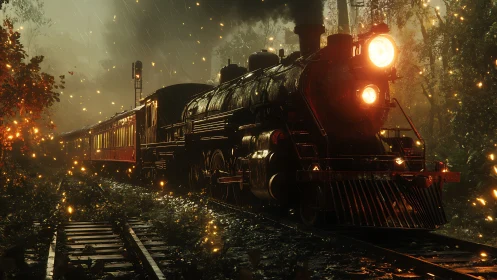 Midnight steam train glowing through a firefly forest.