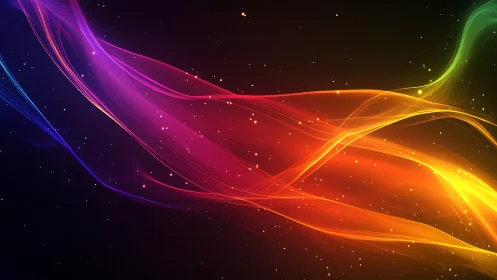 Prismatic solar ribbons drift through a midnight starlit void.