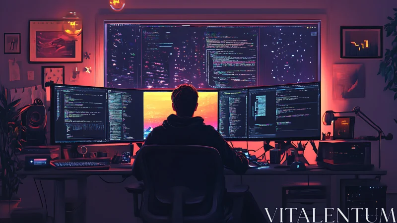 Programmer monitors high resolution code across multi display desk