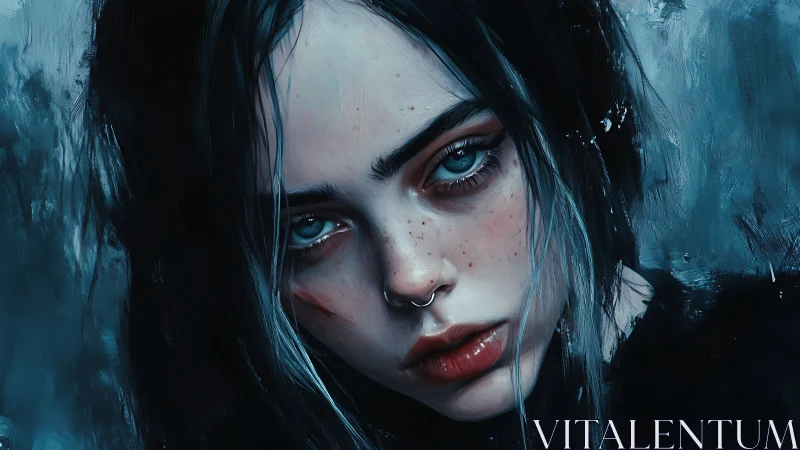 Storm-eyed rebel girl adrift in a moody midnight blue haze.