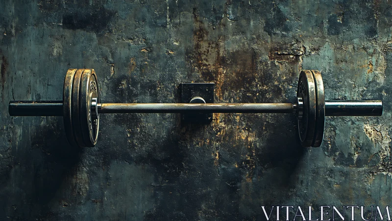 Steel barbell with weight plates on rough textured wall mount.