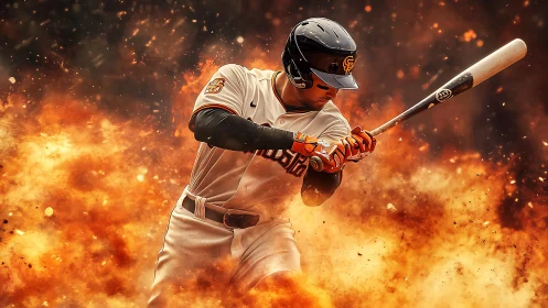 Fiery baseball slugger swings through blazing orange sparks