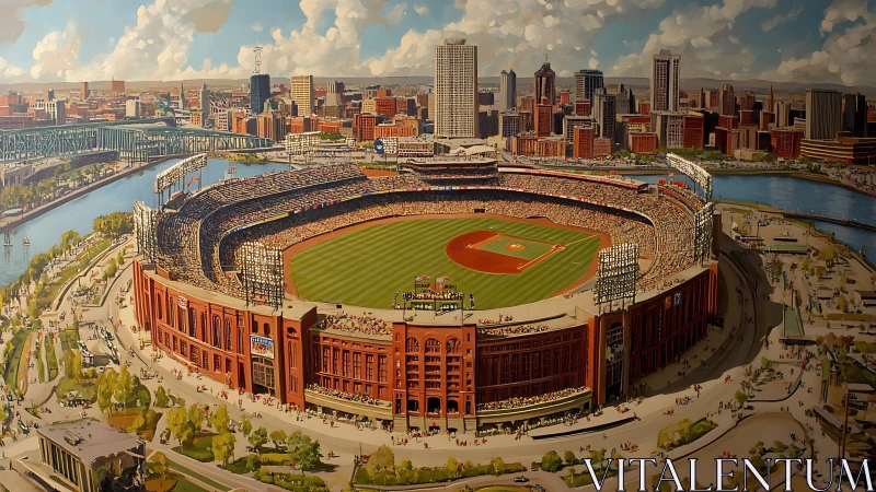 Panoramic ballpark cityscape under vivid afternoon light.