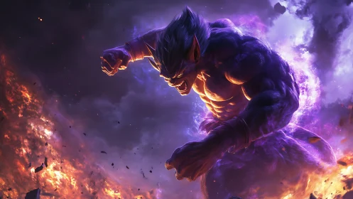 Demonic titan unleashes purple fury above a burning world.