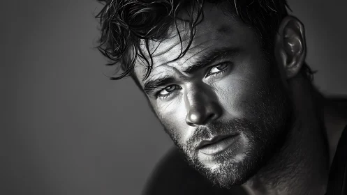 Brooding male portrait in dramatic grayscale close-up.