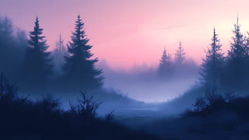 Misty Dawn in the Pine Forest.