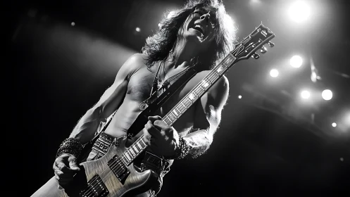 Shirtless rock guitarist onstage under bright concert lights.