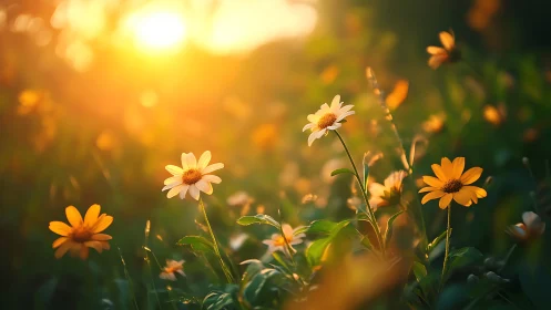 Daisies in Golden Hour Light with Soft Focus Background