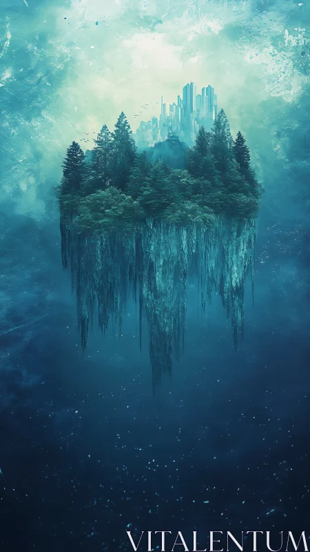 Floating Island Rising Above Ethereal Blue Atmosphere.
