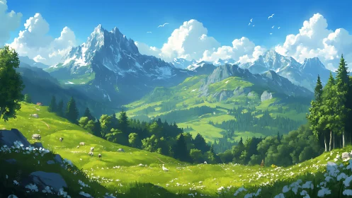 Sheep graze across bright alpine valley beneath snowy peaks