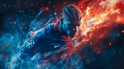 Fiery footballer charges forward in a swirl of blue and flame