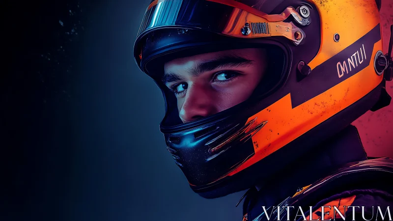 Portrait shows race driver helmet close-up under mixed lighting