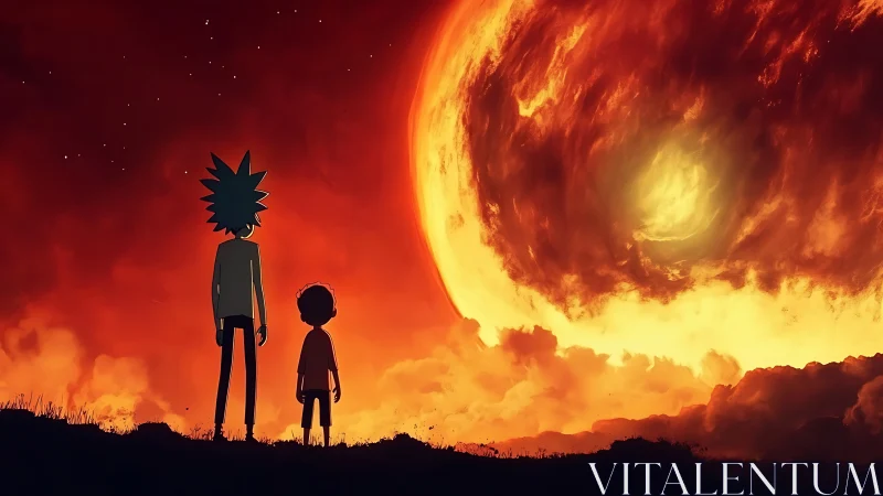 Digital painting duo before apocalyptic stellar vortex sky.