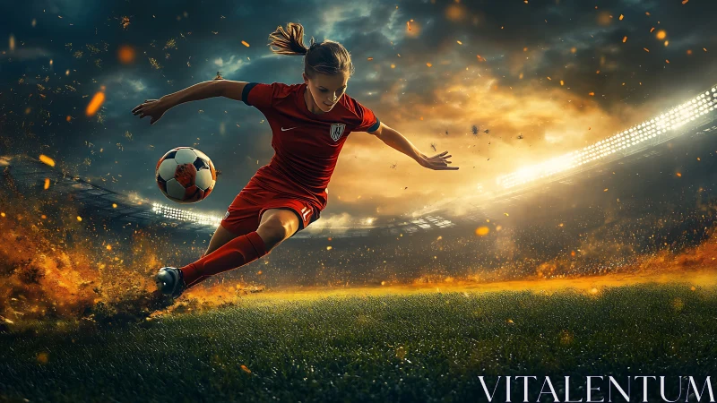 Female footballer sprints toward ball under blazing stadium lights