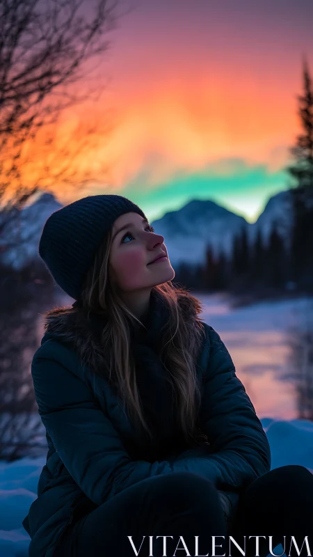 Girl enjoying a dreamy winter sunset in the snowy mountains.