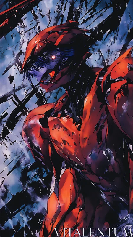 Fragmented red mech pauses mid-battle in a frozen sky