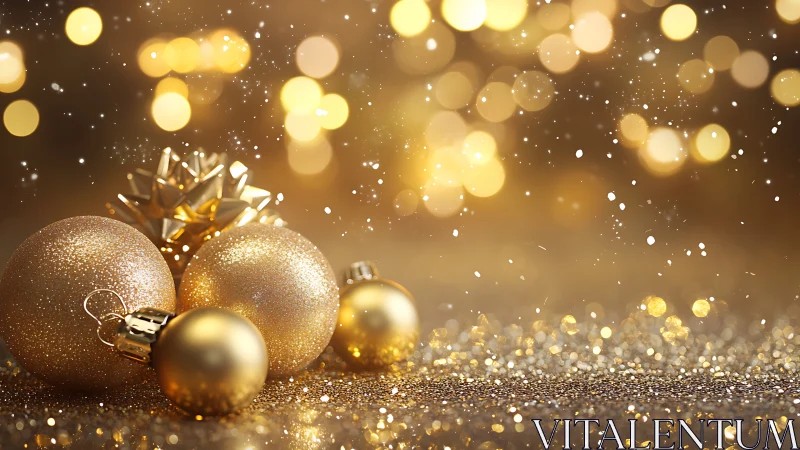 Gold ornaments and bow on glittered surface with bokeh.