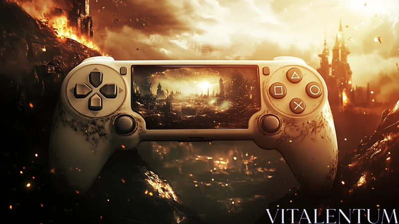 Cinematic fantasy gamepad with apocalyptic landscape display.