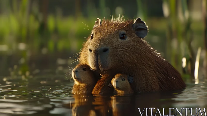 Capybara mother shields pups in warm golden wetland water