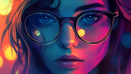 Neon portrait closeup with reflective glasses glow.