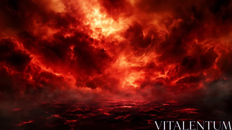 Infernal storm clouds roar above a blazing crimson sea.