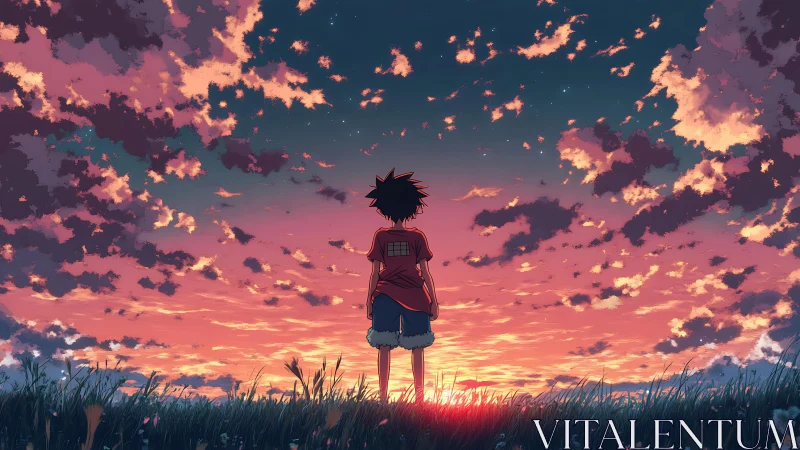 Sunset dreamer boy under a wildfire cotton candy sky.