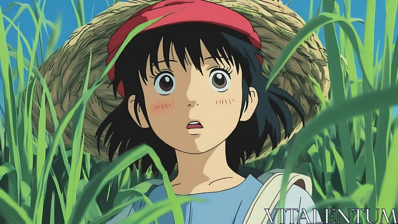 Curious girl in tall green grass under a wide straw hat.