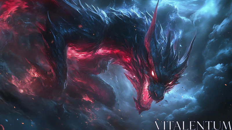 Spectral plasma dragon emerging through turbulent ionized clouds.