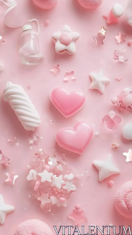 Pink Aesthetic 3D Objects and Hearts Flat Lay Composition