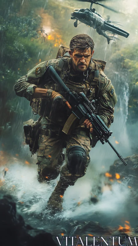 Photorealistic tactical soldier sprinting through combat river zone.