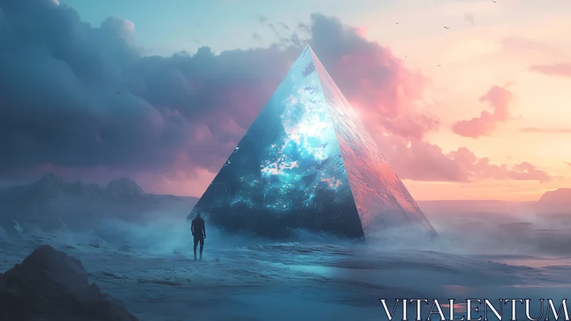 Luminescent glass pyramid dominates a misted alien shoreline