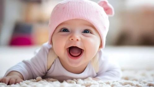 Infant wearing pink knit hat lies on soft textured surface