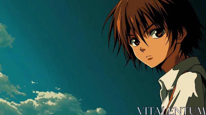 Side profile of anime boy against deep teal sky background.