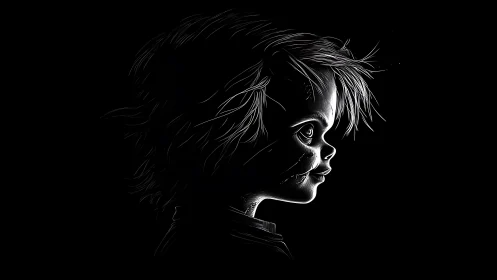 High-contrast side profile of scarred doll in black void