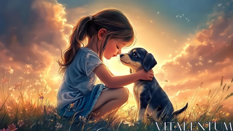 Girl with puppy in golden field at sunset