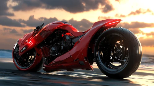 Aerodynamic crimson hyperbike with exposed performance drivetrain.