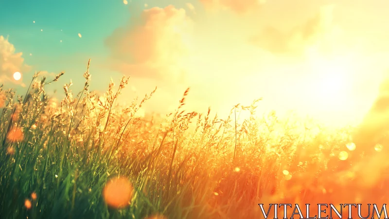 Backlit meadow grasses with high-intensity solar flare rendering.