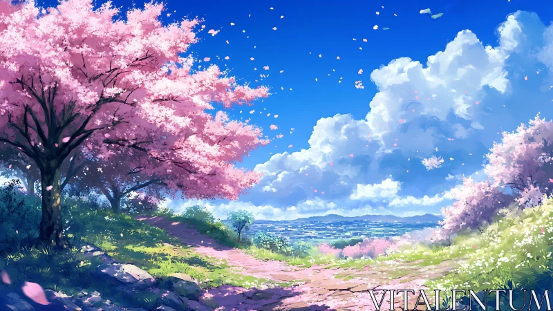 Sunlit cherry blossom path drifting into a bright blue sky.