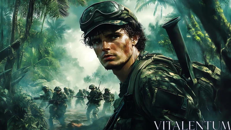 Young soldier advances through dense jungle under fire