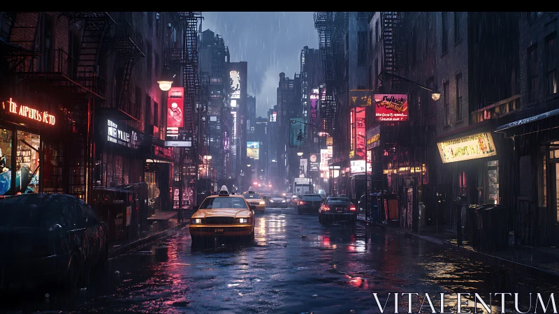 Rainy neon city street with taxis and wet reflections.