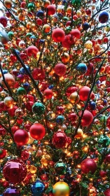 Radiant Christmas tree glows with colorful festive ornaments