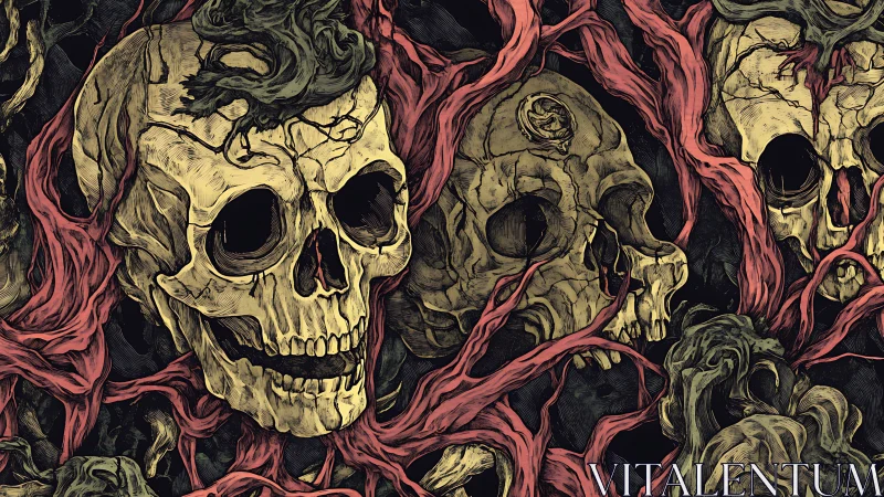 Twisting roots cradle weathered skulls in moody embrace.