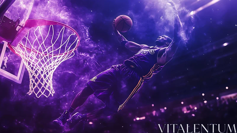 Cosmic slam dunker soaring through ultraviolet arena haze.