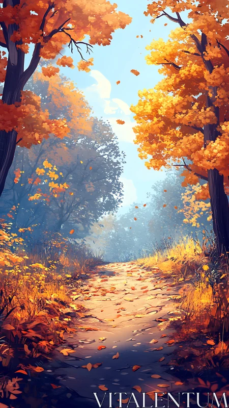 Autumn Forest Path: Golden Foliage and Dappled Light Through Canopy.