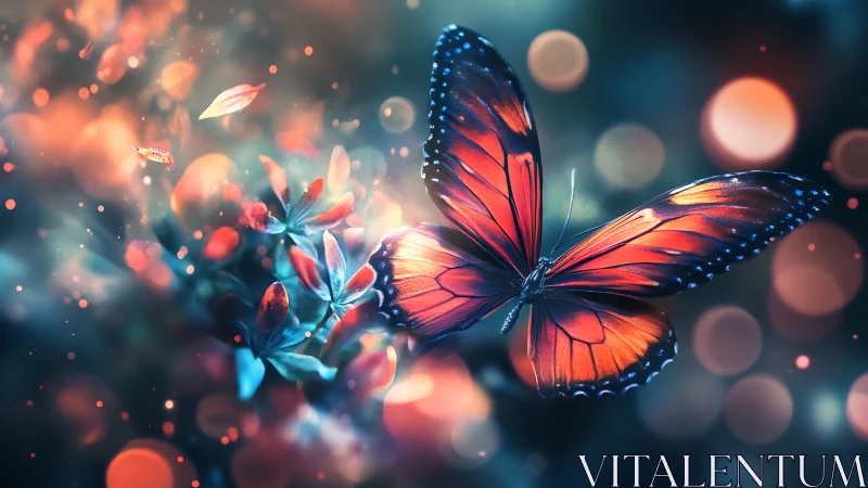 Orange butterfly over bokeh-lit foliage at dusk.